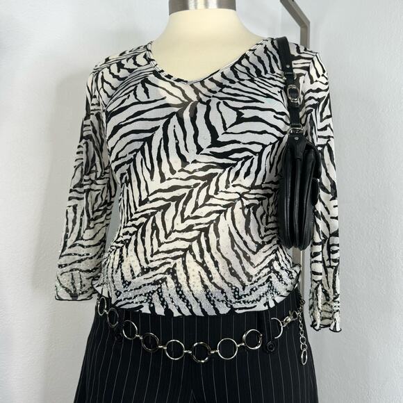 Y2K Zebra Print Sheer Mesh Glitter V-Neck Top Shirt Size Large Express - Picture 1 of 6